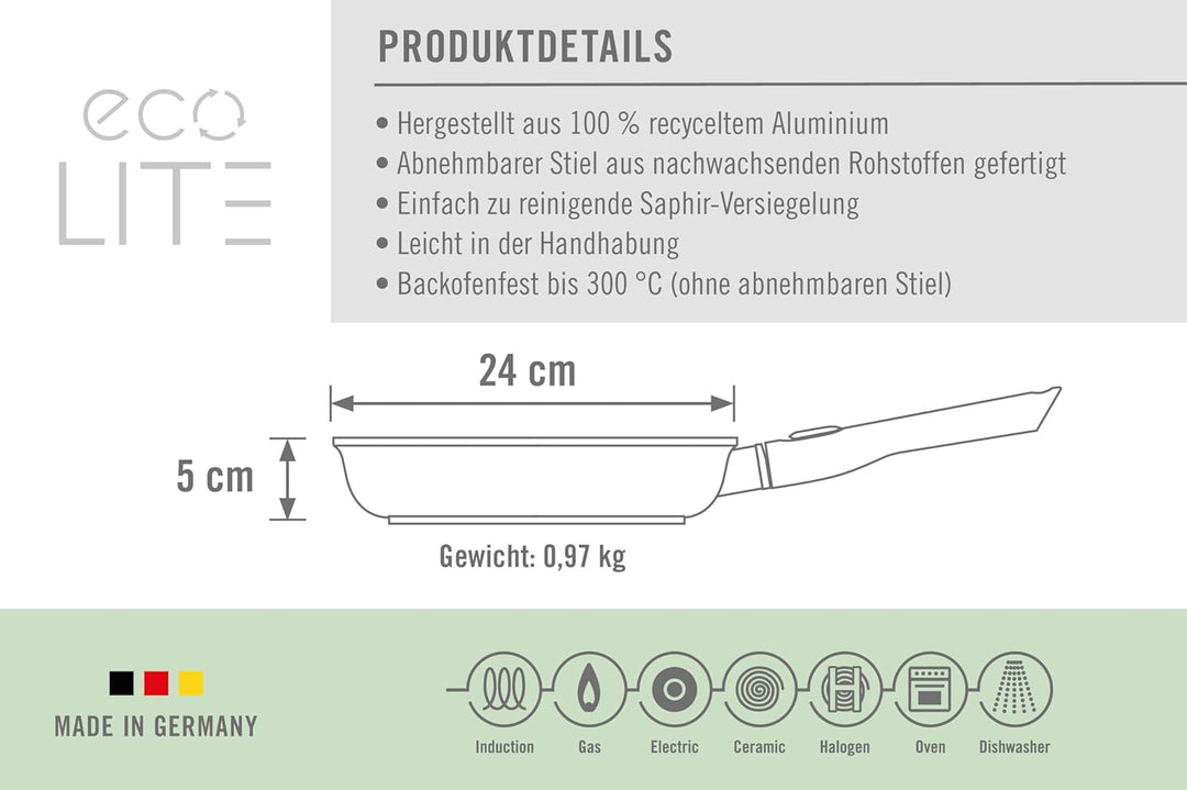 Woll Eco Lite Flachpfanne - Induktiv -, Ø 24 cm, 5 cm hoch, mit abnehmbarem Stiel - Geeignet für all