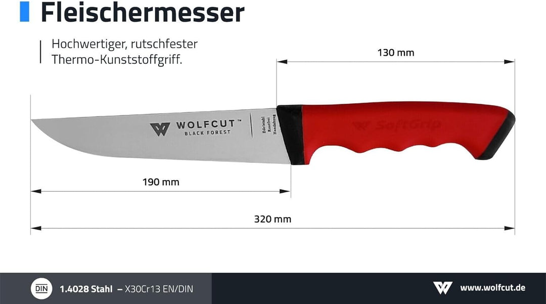Wolfcut SoftGrip Serie - Metzgermesser-Set 5-tlg. - Ausbeinmesser, Stechmesser, Fleischermesser, Zer