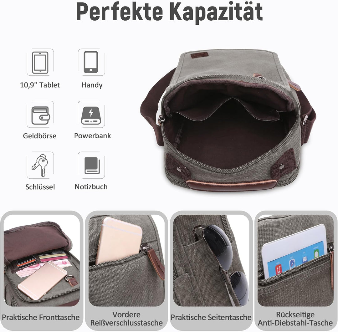 DORRISO Vintage Herren Umhängetasche Lässig Schultertaschen für 10.9 Zoll iPad mit Griff Mehrere Tas