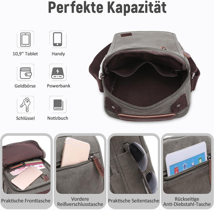 DORRISO Vintage Herren Umhängetasche Lässig Schultertaschen für 10.9 Zoll iPad mit Griff Mehrere Tas