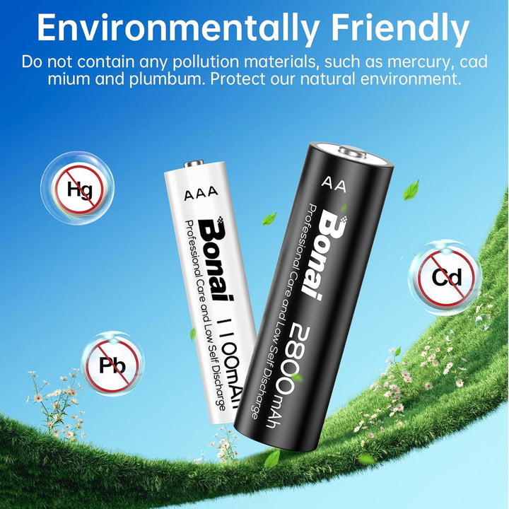 BONAI Akku AA AAA 2800/1100mAh 24 Stück Wiederaufladbare Batterien hohe Kapazität 1,2V AA/AAA Accu N