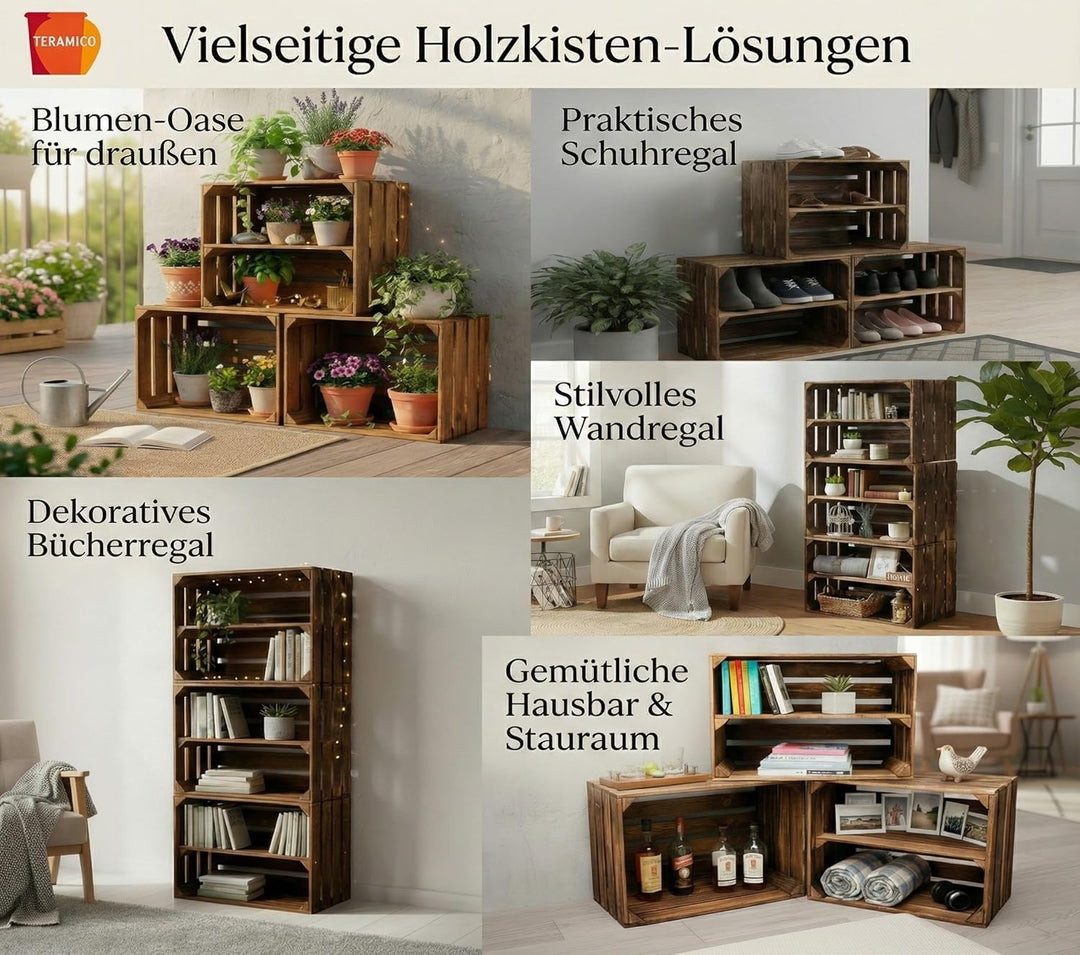 Teramico Holzkisten Obstkisten Weinkisten geflammt dunkel 50 x 40 x 30cm in tollen Set-Angeboten als