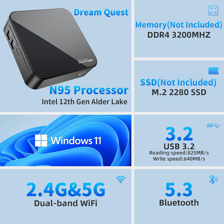 DreamQuest Mini PC Windows 11 Pro Vorgefertigte mit Intel N95 (bis zu 3.4Ghz) Barebone ohne DDR4 RAM