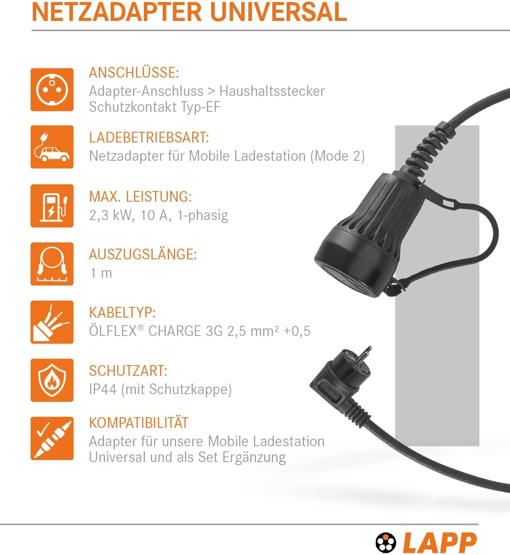 LAPP MOBILITY Schutzkontakt Ladeadapter Universal / 2,3 kW / 10 A/geeignet für Plug-in-Hybrid (PHEV)