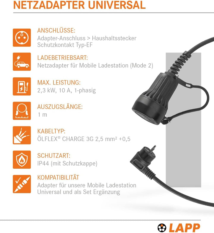 LAPP MOBILITY Schutzkontakt Ladeadapter Universal / 2,3 kW / 10 A/geeignet für Plug-in-Hybrid (PHEV)