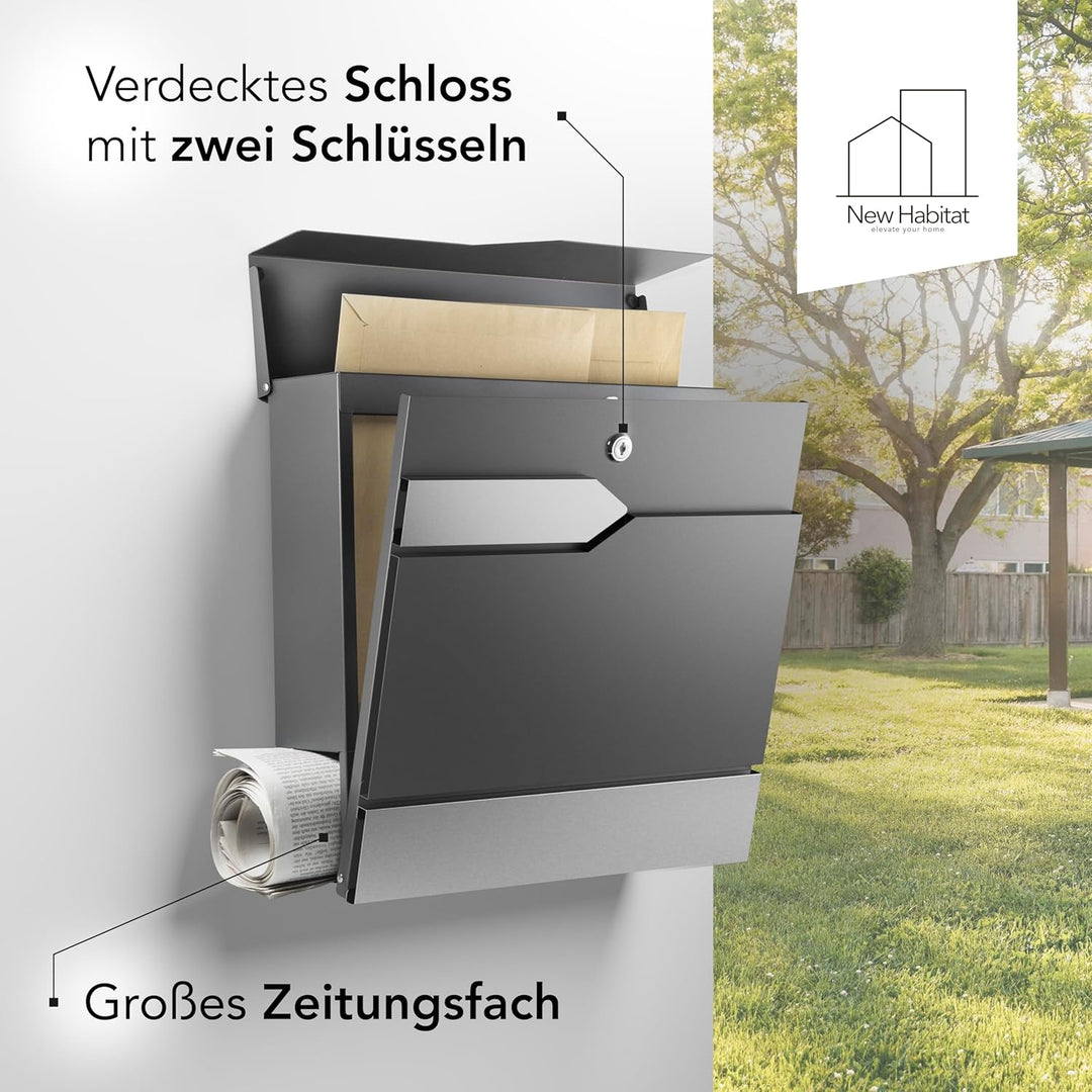 Moderner Briefkasten Personalisierbar Sydney Anthrazit RAL7016 - mit Zeitungsfach - Wandbriefkasten
