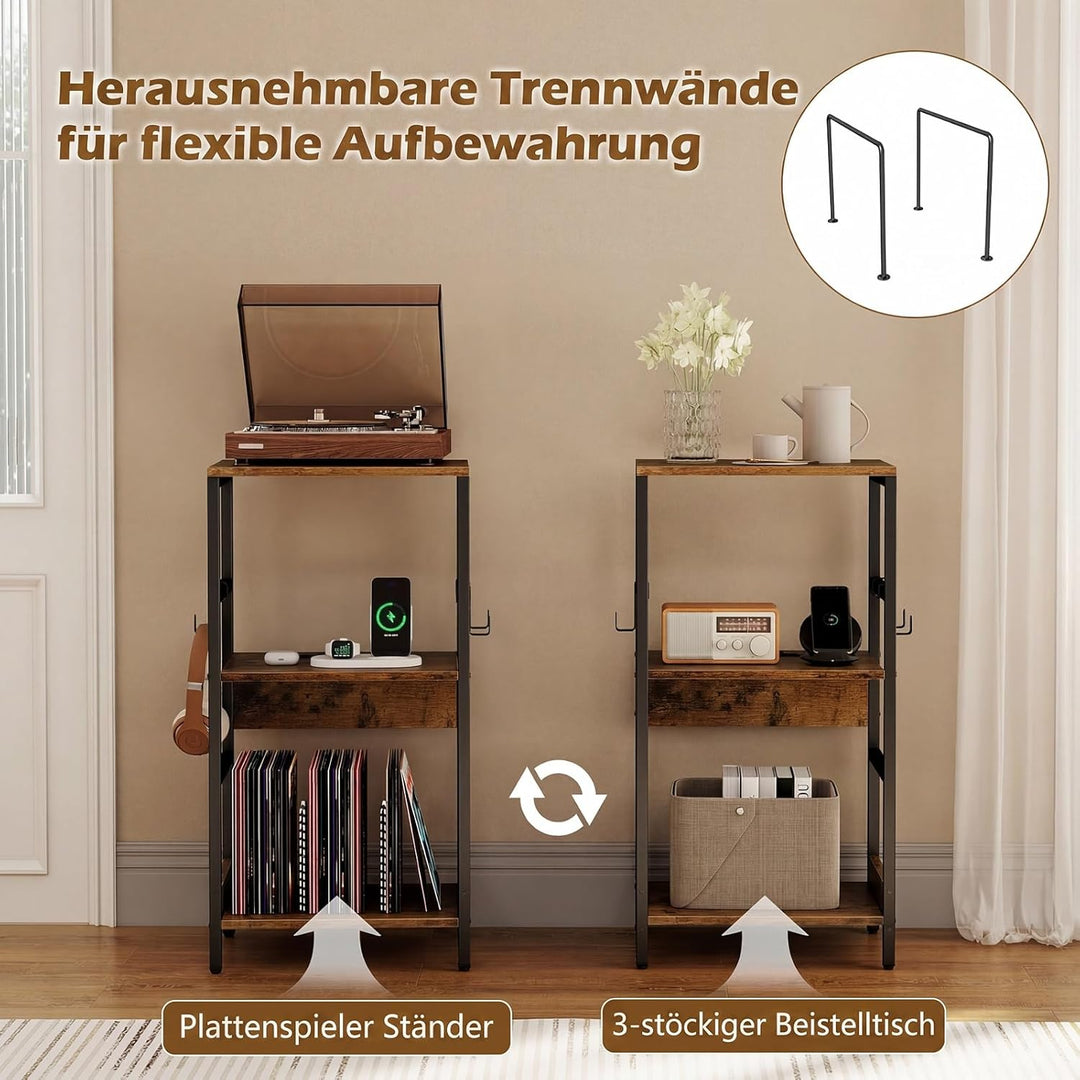 COSTWAY Plattenspieler Ständer mit Ladestation, Schallplattenregal mit 3 Haken und Aufbewahrungsfach