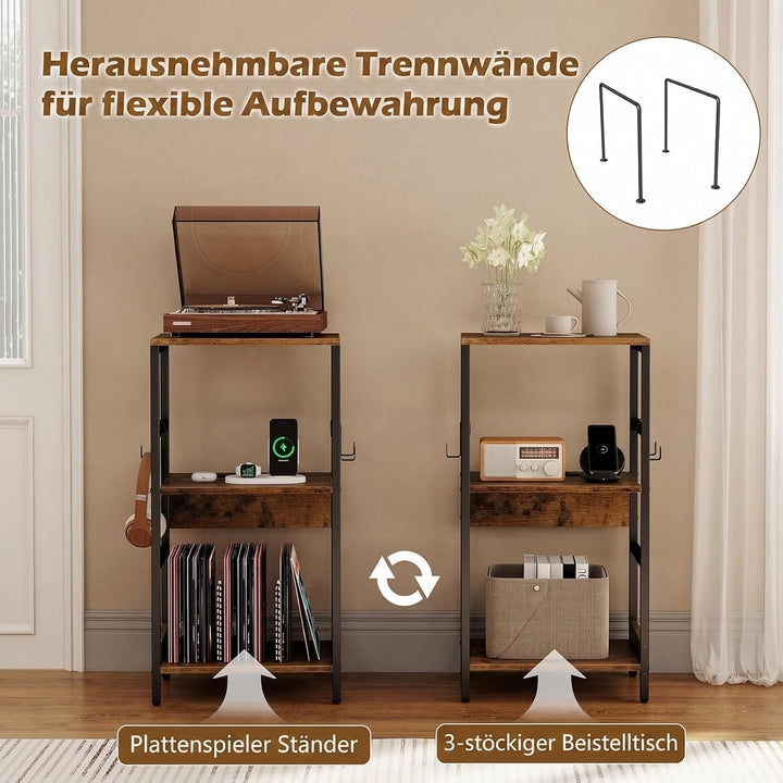 COSTWAY Plattenspieler Ständer mit Ladestation, Schallplattenregal mit 3 Haken und Aufbewahrungsfach