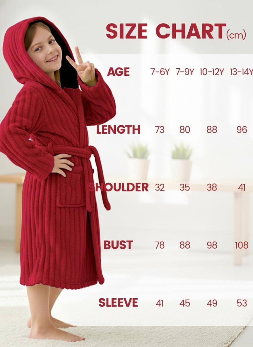 JiAmy Kapuzen Bademantel für Mädchen Flauschiger Fleece Plüsch Langer Schlafmantel Kinder Rot 13-14