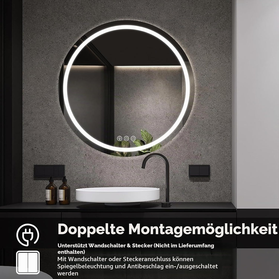 Badezimmerspiegel mit Beleuchtung, 70cm Runder Spiegel mit Beleuchtung, Wandspiegel mit Frontbeleuch