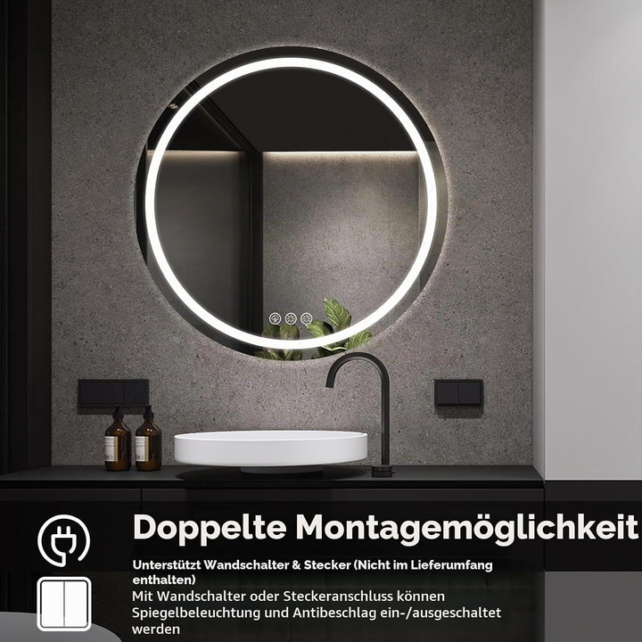 Badezimmerspiegel mit Beleuchtung, 70cm Runder Spiegel mit Beleuchtung, Wandspiegel mit Frontbeleuch