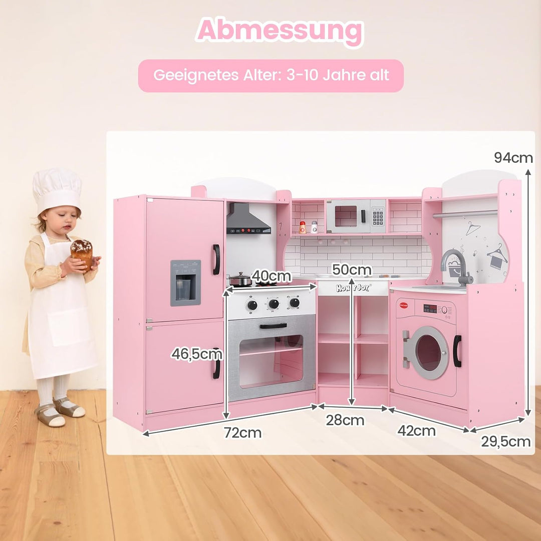 COSTWAY Kinderküche Eck, Spielküche mit Licht & Sound, Kinderspielküche mit Spüle, Eismaschine, Back