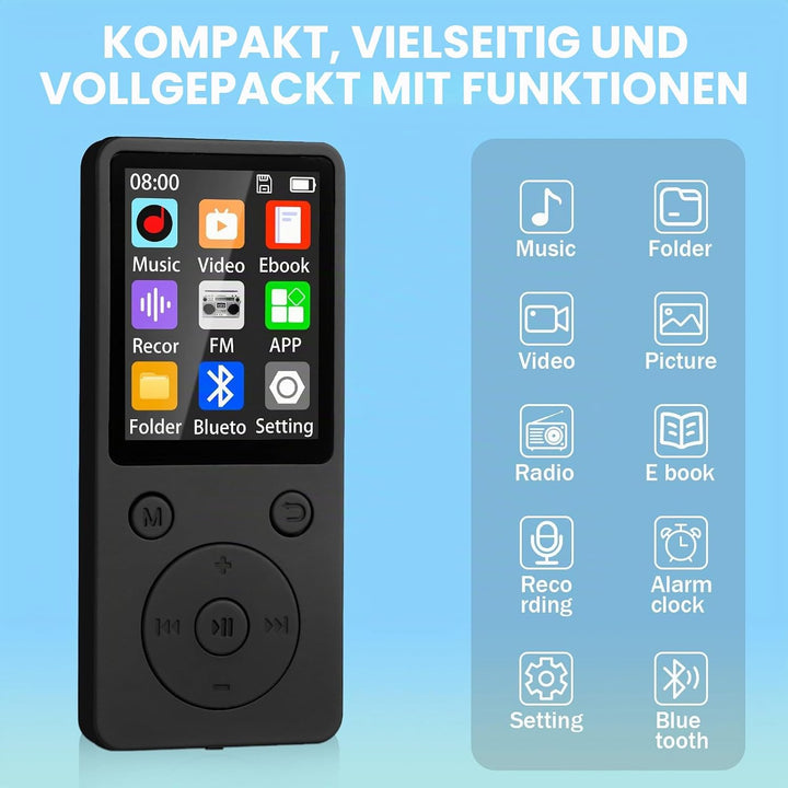 MP3 Player mit Bluetooth 5.2, 32 GB Speicherkarte, 1,8 Zoll TFT Farbbildschirm, M8 Musik-Player Spor