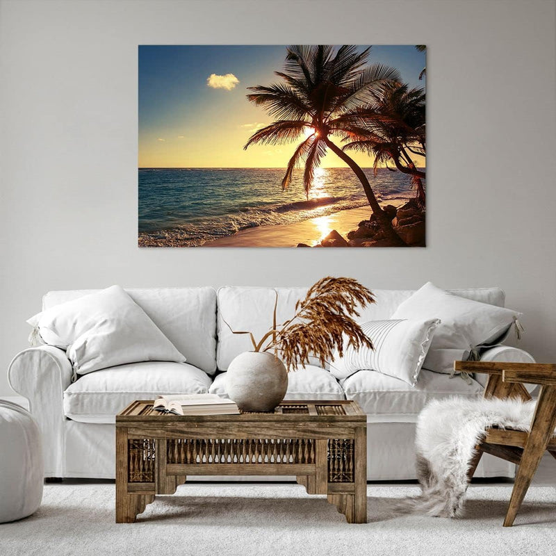 Bilder auf Leinwand 100x70cm Leinwandbild Wolke exotischer Palm- Landschaft Gross Wanddeko Bild Schl