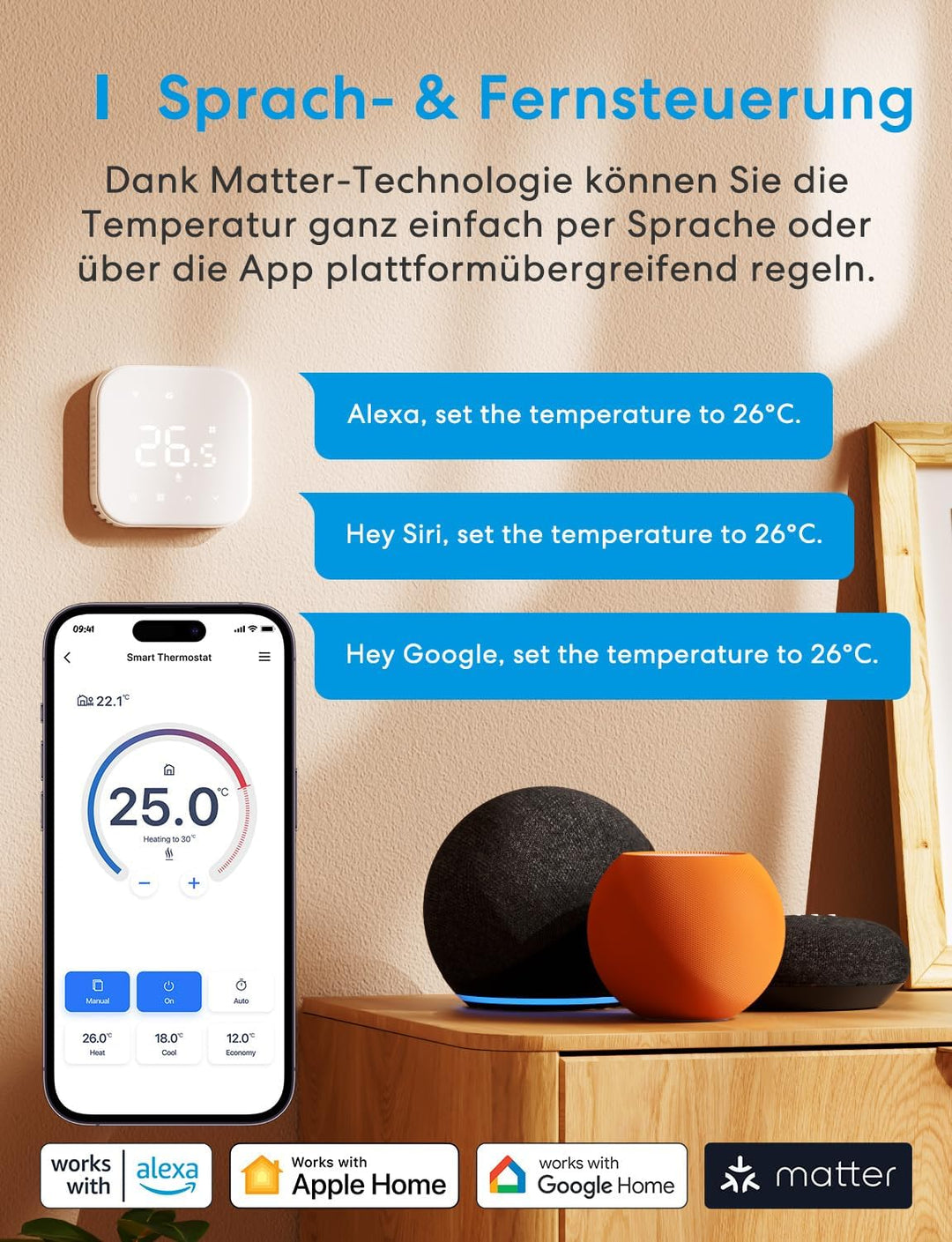 Meross Thermostat Matter Elektrische Heizungsthermostat WLAN Thermostat Heizung Smart Raumthermostat