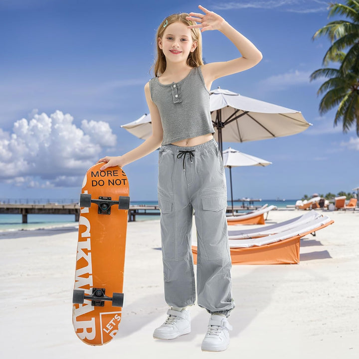 Rolanko Kinder Cargo Hose Elastische Taille Jogger Tanz Hose für Mädchen Streetwear Hip Hop, Grau 6-