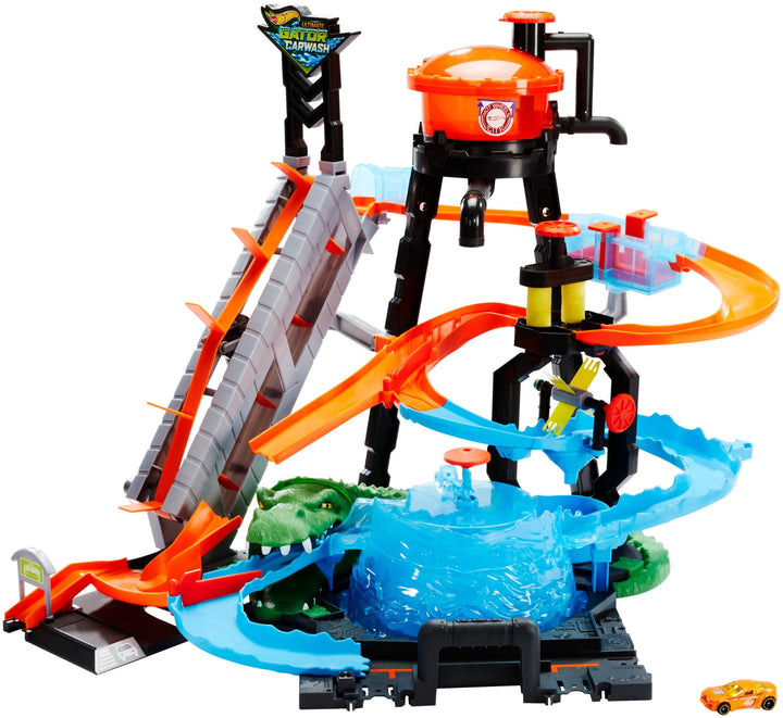Hot Wheels FTB67 - City Ultimative Autowaschanlage mit Krokodil, Car Wash Waschstation Spielset mit