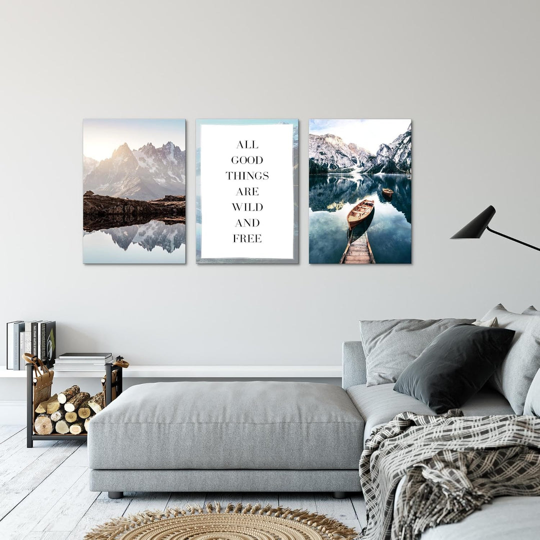 Novart Wandbilder Set Berge und See - KOMPLETT AUFHÄNGFERTIG - Wohnzimmer Schlafzimmer Deko - 3 Mode
