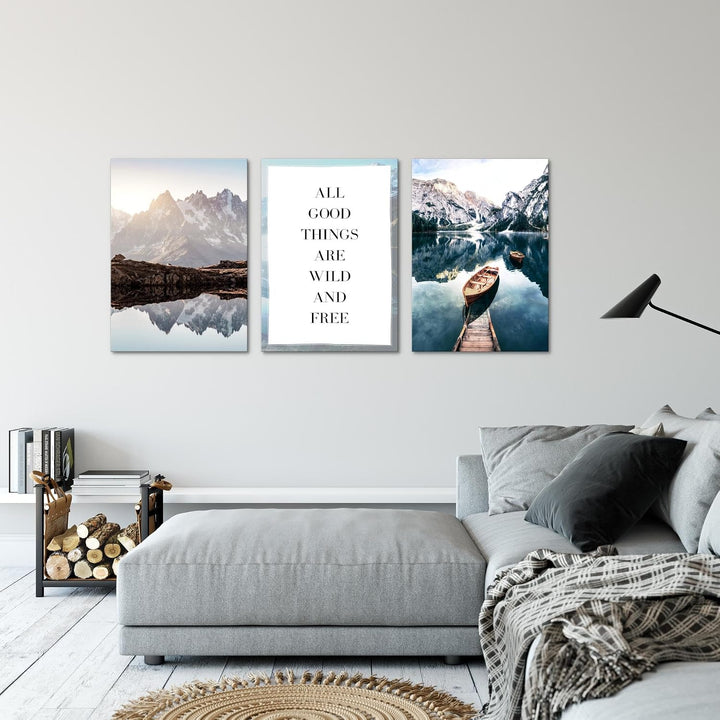 Novart Wandbilder Set Berge und See - KOMPLETT AUFHÄNGFERTIG - Wohnzimmer Schlafzimmer Deko - 3 Mode