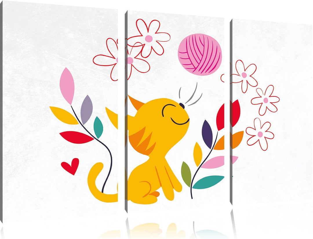 Pixxprint Niedliche Katze mit Wollknäuel weiss 3-Teiler Leinwandbild 120x80 Bild auf Leinwand