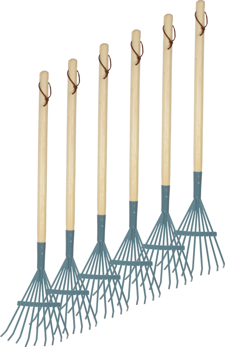 Small Foot Rechen, 6er-Set, blau aus Holz und Metall, kindgerechtes Gartenwerkzeug für Kinder ab 3 J