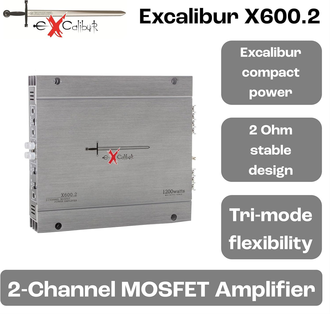 Excalibur X600.2 - Auto Verstärker 2 Kanal - 2X 600 Watt Mosfet HiFi KFZ Endstufe mit Bass-Boost - 1