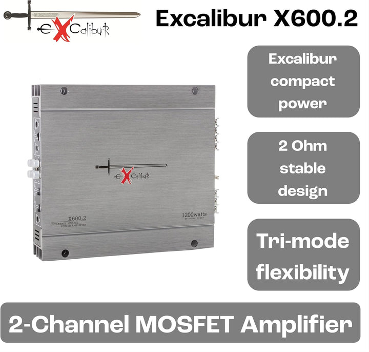 Excalibur X600.2 - Auto Verstärker 2 Kanal - 2X 600 Watt Mosfet HiFi KFZ Endstufe mit Bass-Boost - 1