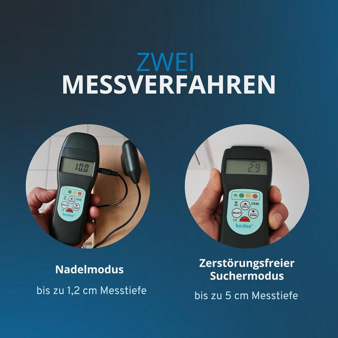 hedue® Feuchtigkeitsmessgerät C036 - Feuchtemesser für Hölzer & Baustoffe zwischen 200-3000 kg/m³, H