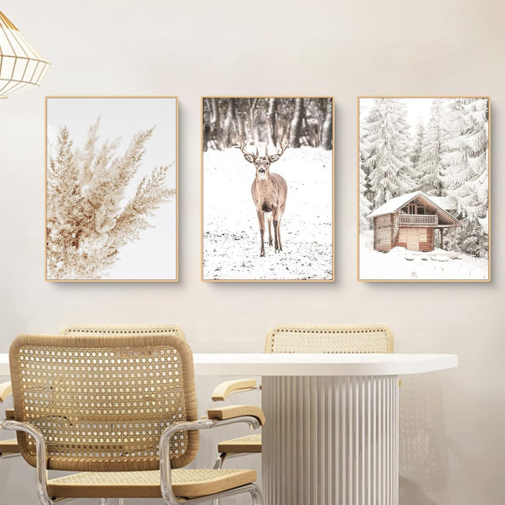 3er Poster Set Moderne Winter Schneelandschaft Wandbilder Bilder,Boho Bilder Set für Wohnzimmer Schl