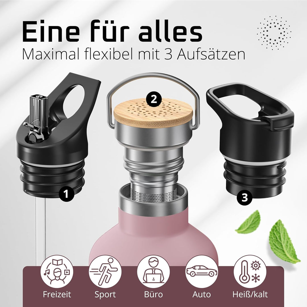 Trinkflasche Edelstahl mit Strohhalm, Infuser + 3 Deckel: BPA-frei, Auslaufsicher, Kohlensäure geeig