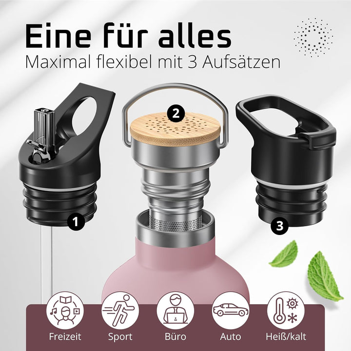 Trinkflasche Edelstahl mit Strohhalm, Infuser + 3 Deckel: BPA-frei, Auslaufsicher, Kohlensäure geeig