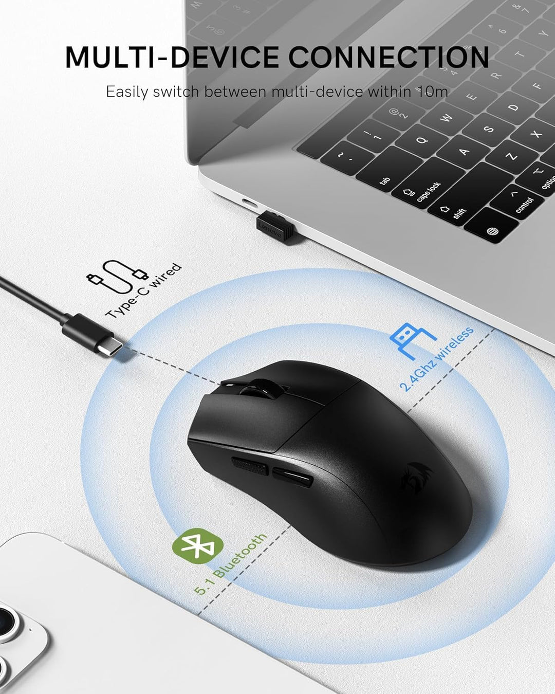 Redragon M821 Ergonomische Kabellose Gaming Maus 54g 3-Mode 12800DPI 1000Hz