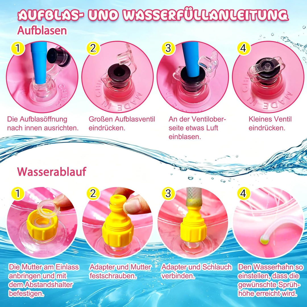 Tanning Pool mit Eingebautem Sprinkler, Luftmatratze Schwimminsel mit Getränkehalter, Griff und Rück