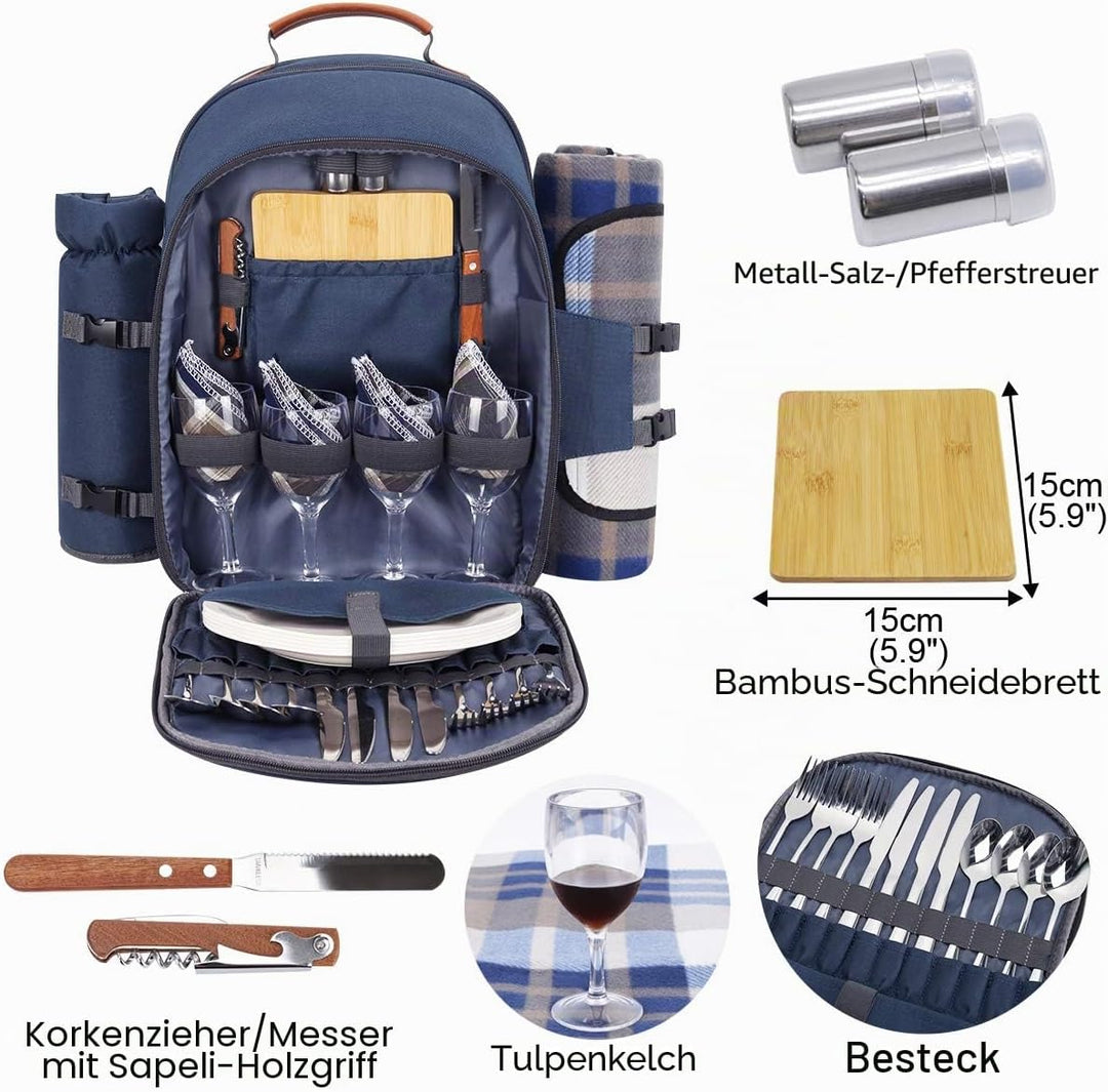 Sunflora Picknickrucksack 4 Personen Picknickset mit Isoliertem Kühlfach und Decke für Camping Outdo