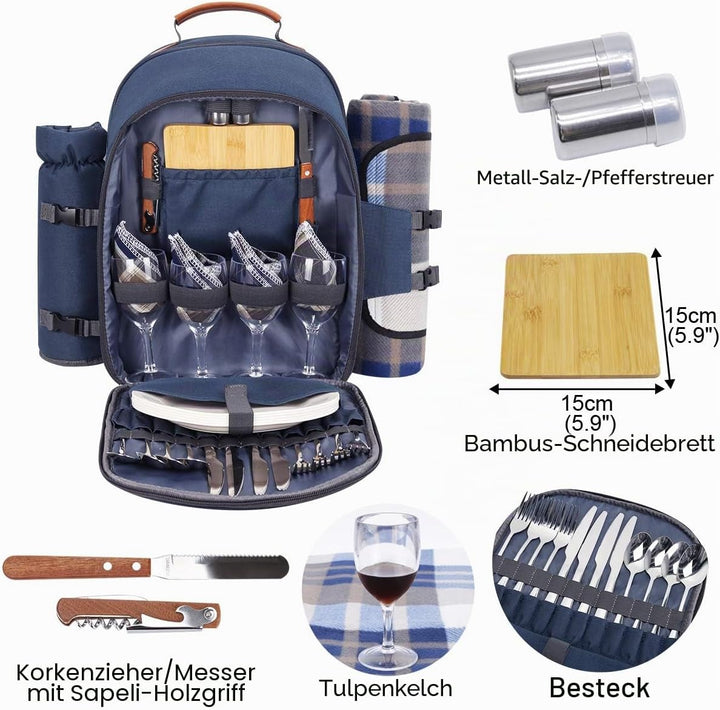 Sunflora Picknickrucksack 4 Personen Picknickset mit Isoliertem Kühlfach und Decke für Camping Outdo