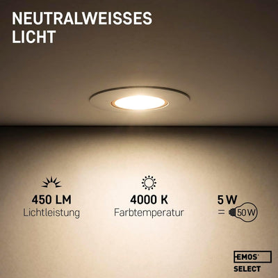 Emos LED Einbaustrahler 230V, 5W / 450lm, 50° schwenkbar, neutralweiss 4000k | Einbaustrahler LED Sp