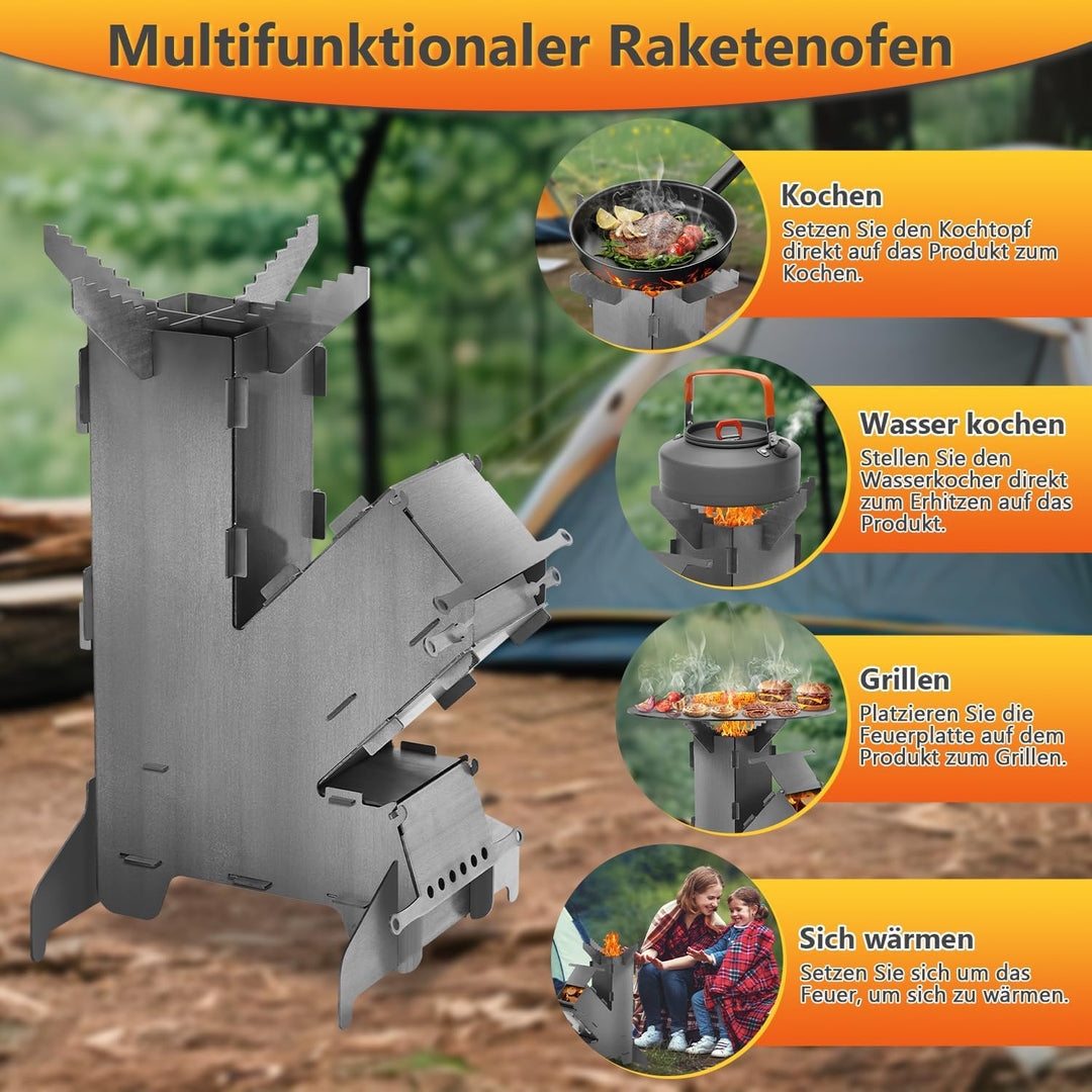 Raketenofen mit Grillplatte und Feuerhaken, Rocket Stove Outdoor, Stecksystem, 3 mm dickem Stahl, Ho