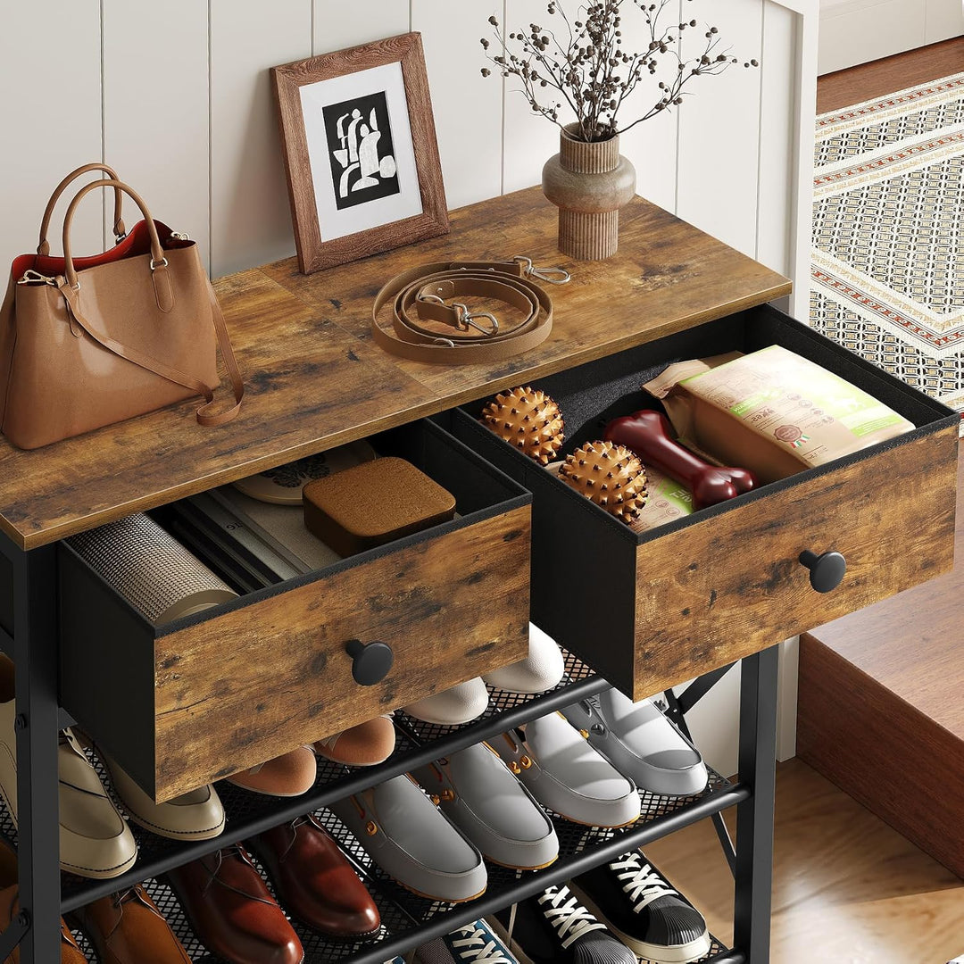 YATINEY Schuhregal, Schuhablage mit 4 Ebenen, Schuhregal gross, Schuhständer mit 2 Stoffschubladen u