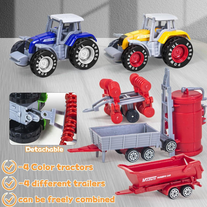 4 Pack Bauernhof Traktor Spielzeug mit Anhänger, Metall-Legierung Kinder Traktor Spielzeug für Junge