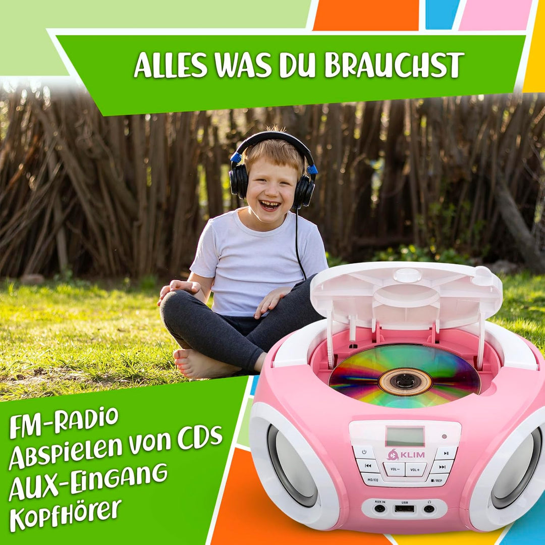 KLIM Candy Kids CD Player für Kinder - NEU - UKW-Radio - Inklusive Batterien - Rosa - Boombox tragba