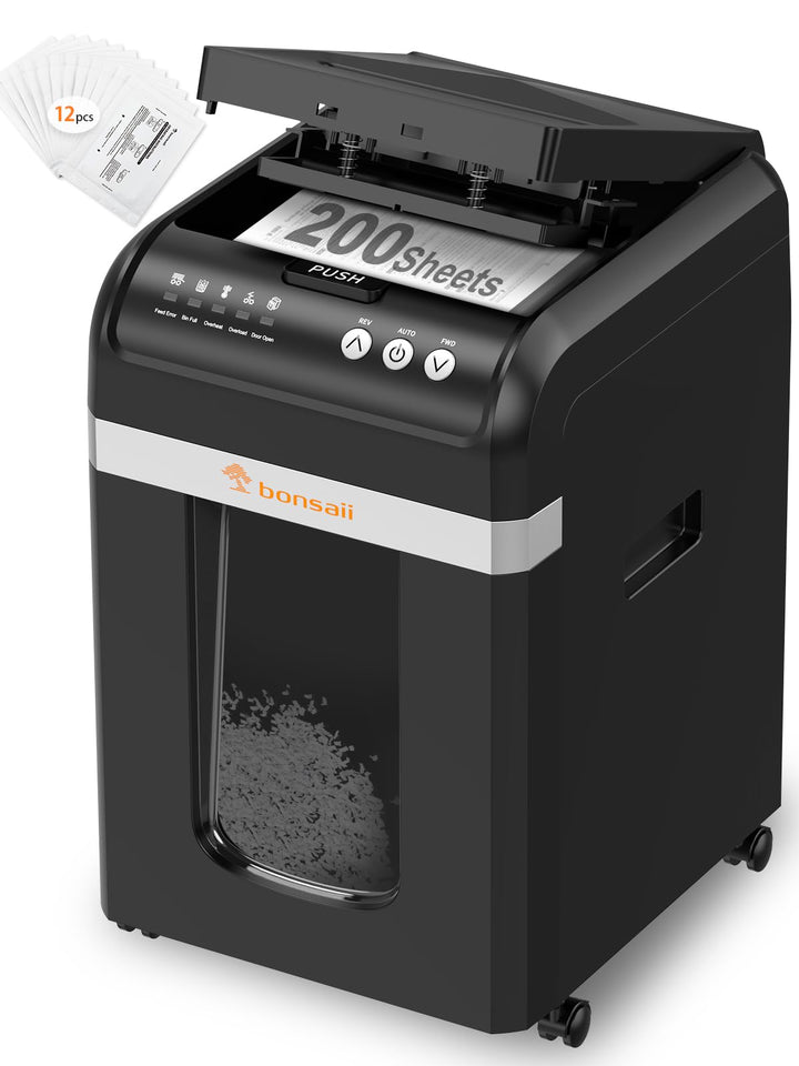 Bonsaii Aktenvernichter mit automatischem 200-Blatt-Einzug, 60 Min Dauerbetrieb, DIN P-4 Mikroschnit