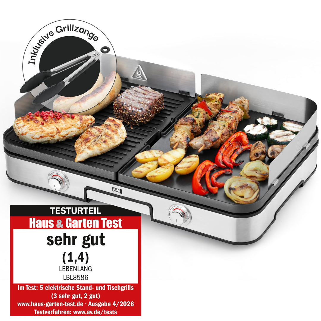LEBENLANG Elektrogrill Tischgrill elektrisch - Inkl. Grillzange &amp; Spritzschutz I 2400W Für Drinnen &amp;