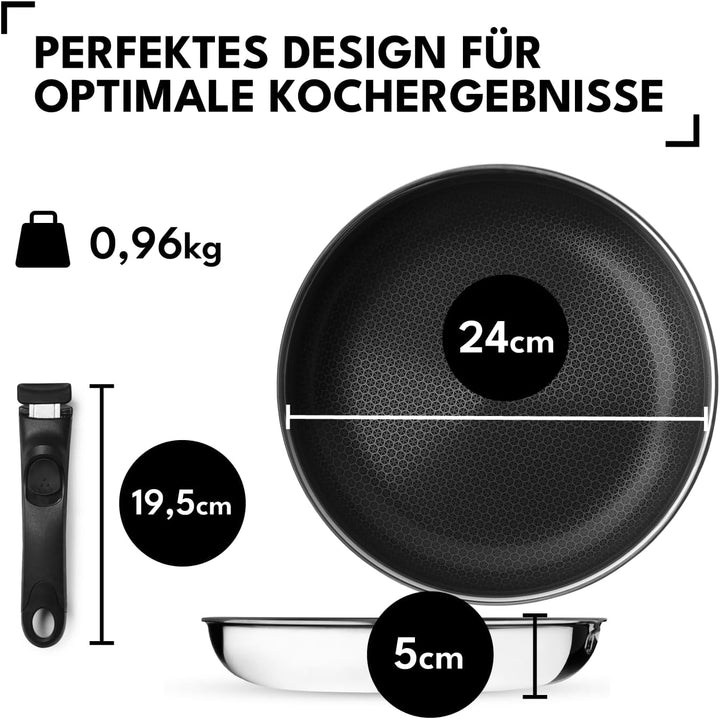 Onyx Cookware Bratpfanne 24 cm Mit Abnehmbarem Griff | Platzsparende Beschichtete Pfanne Induktion |