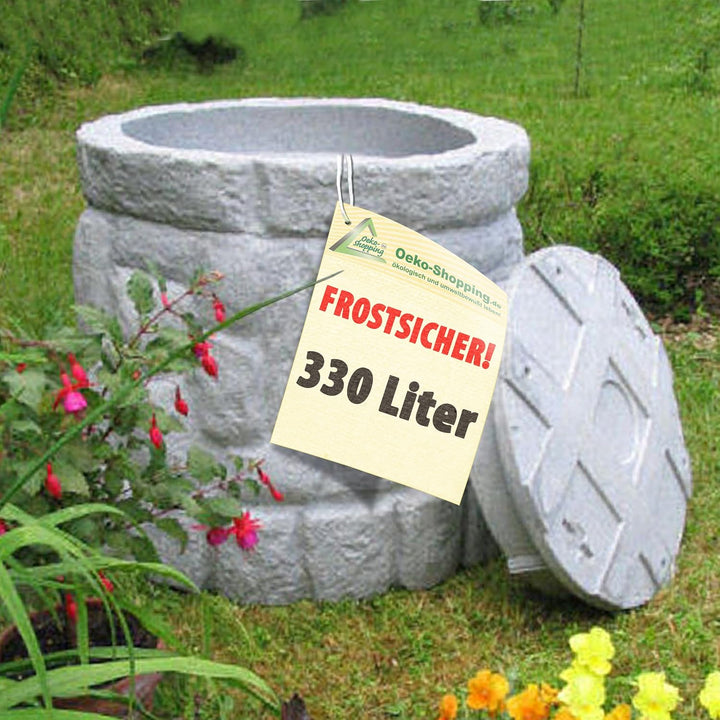 Regentonne Märchenbrunnen Granit-grau 330 l, Regenfass FROSTSICHER mit stabilem Deckel und Wasserhah