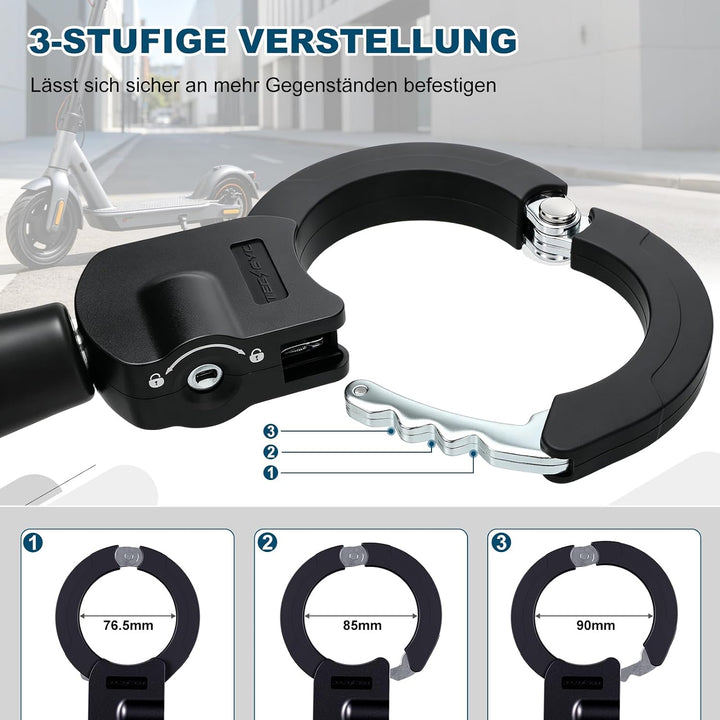 TECHCYC E-Scooter Schloss 8mm | Handschellenschloss 3 Stufen Verstellbare | Gehärteter Stahl | gegen