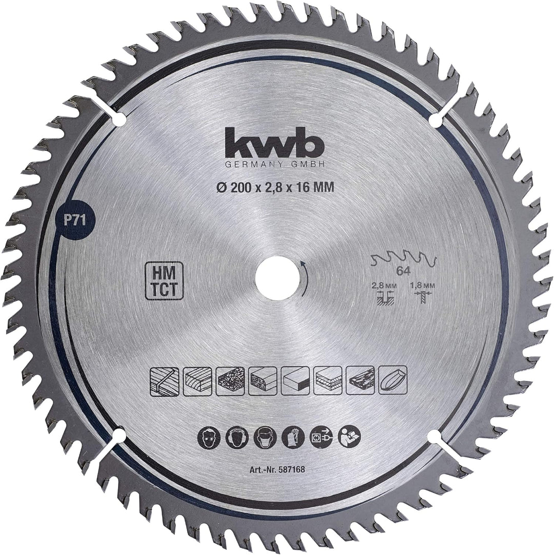 kwb Kreissägeblatt 200 x 16 mm, sehr feiner Schnitt, Sägeblatt geeignet für Arbeitsplatten, Holz und