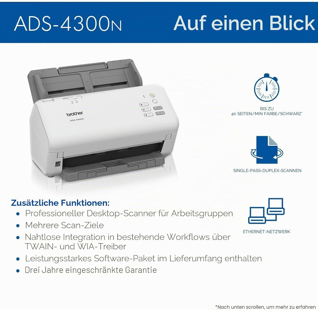 Brother ADS-4300N Professioneller Desktop-Scanner mit schnellen Scangeschwindigkeiten, Duplex und Ne
