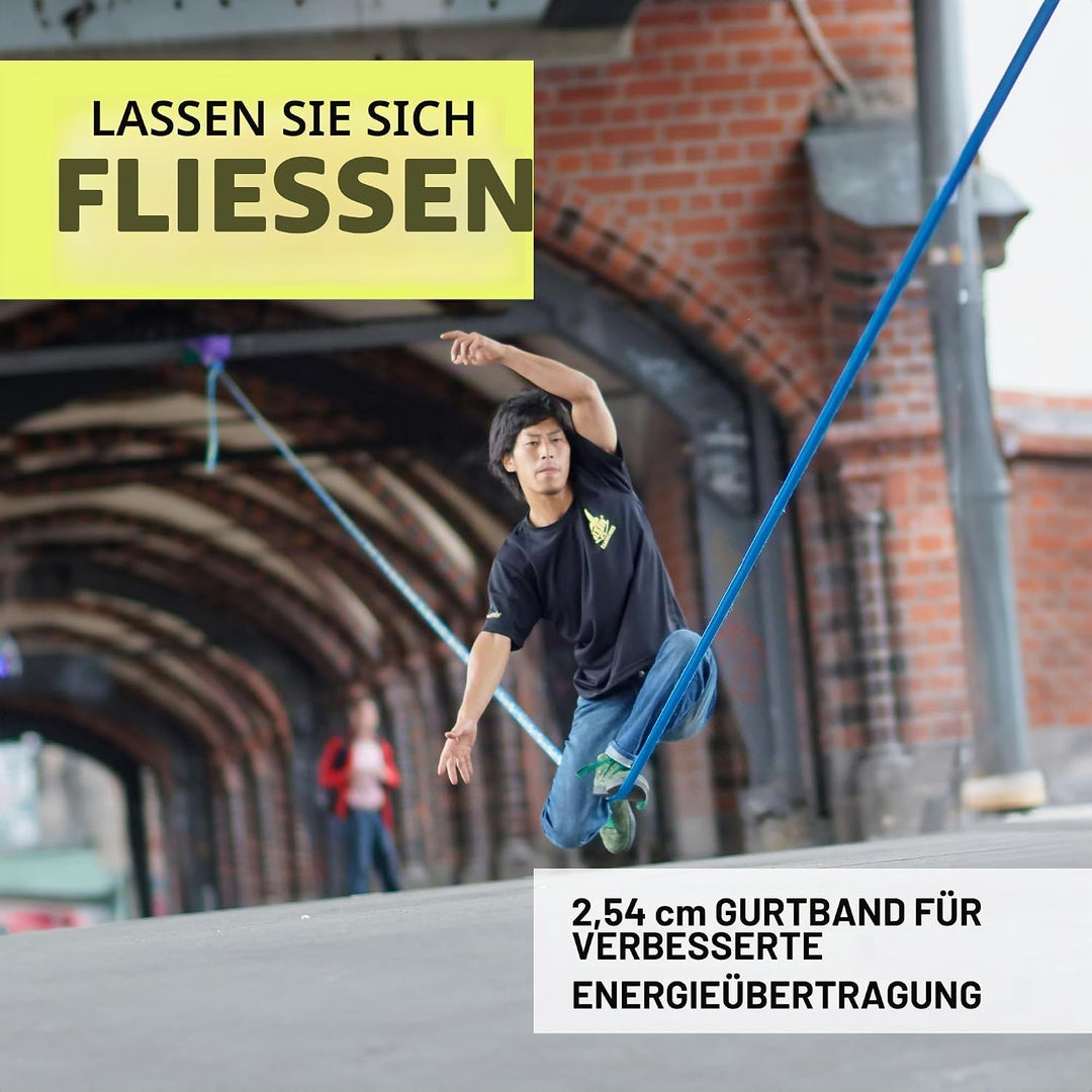 Gibbon Slacklines FlowLine | 1 Zoll / 2,5cm Band | Anfänger &amp; Fortgeschrittene | Doppelratsche &amp; Spa