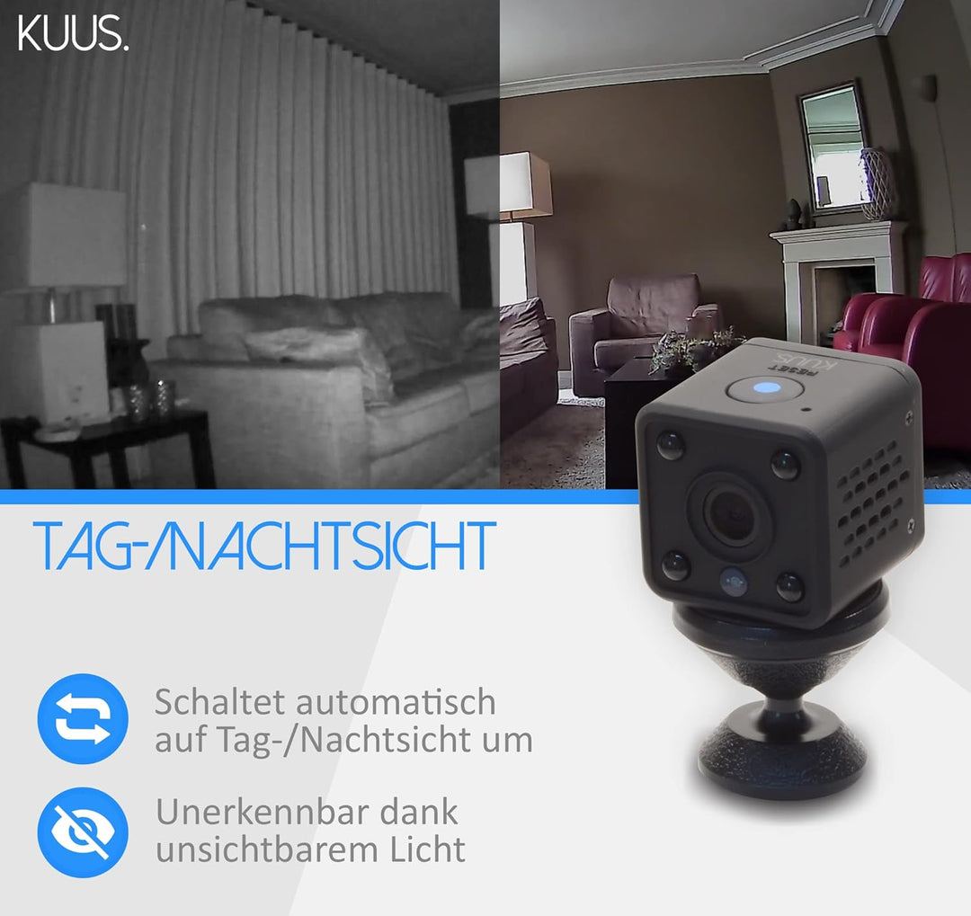 KUUS C2 Mini Kamera mit Bewegungsmelder: kompakte und mini Überwachungskamera innen, mini Kamera liv