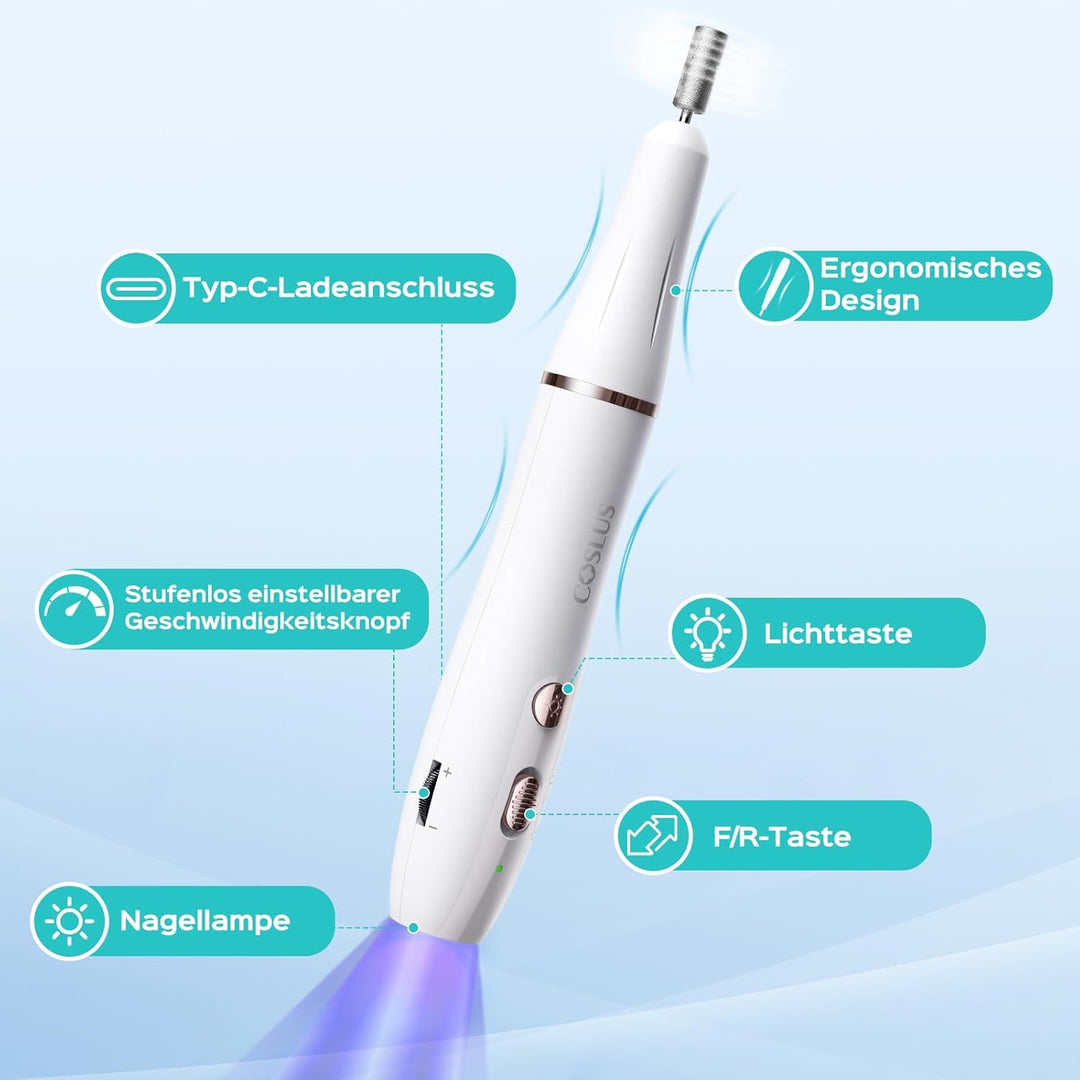 COSLUS Professionell Nagelfräser Kabellos Tragbar: Elektrische Nagelfeile Stufenlos mit Licht für Ge